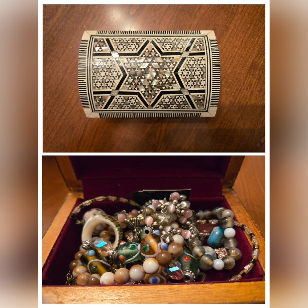 Rare Vintage Egyptian Inlaid Mother of Pearl Jewelry Box Full✨️✨️